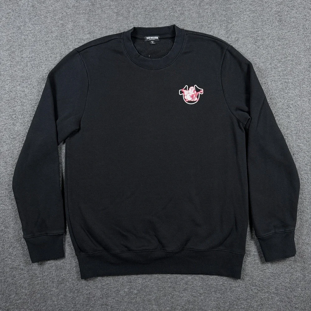 True Religion Sweatshirt Mens Large Black Bold Graphic Crew Neck Fleece Pullover